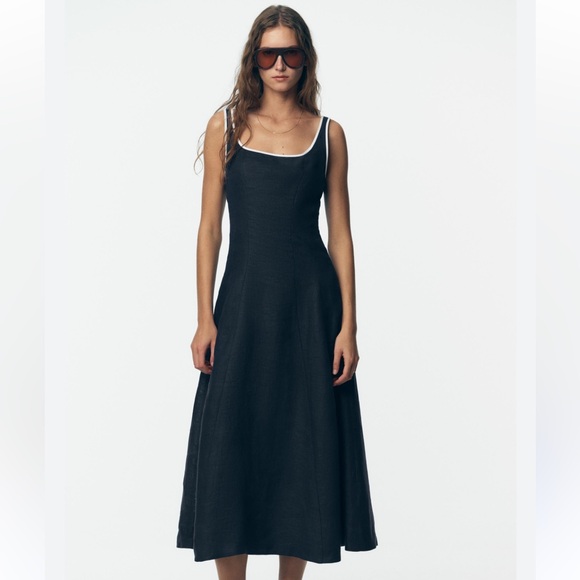 Zara NWT contrast piping linen midi dress navy blue 8214/386